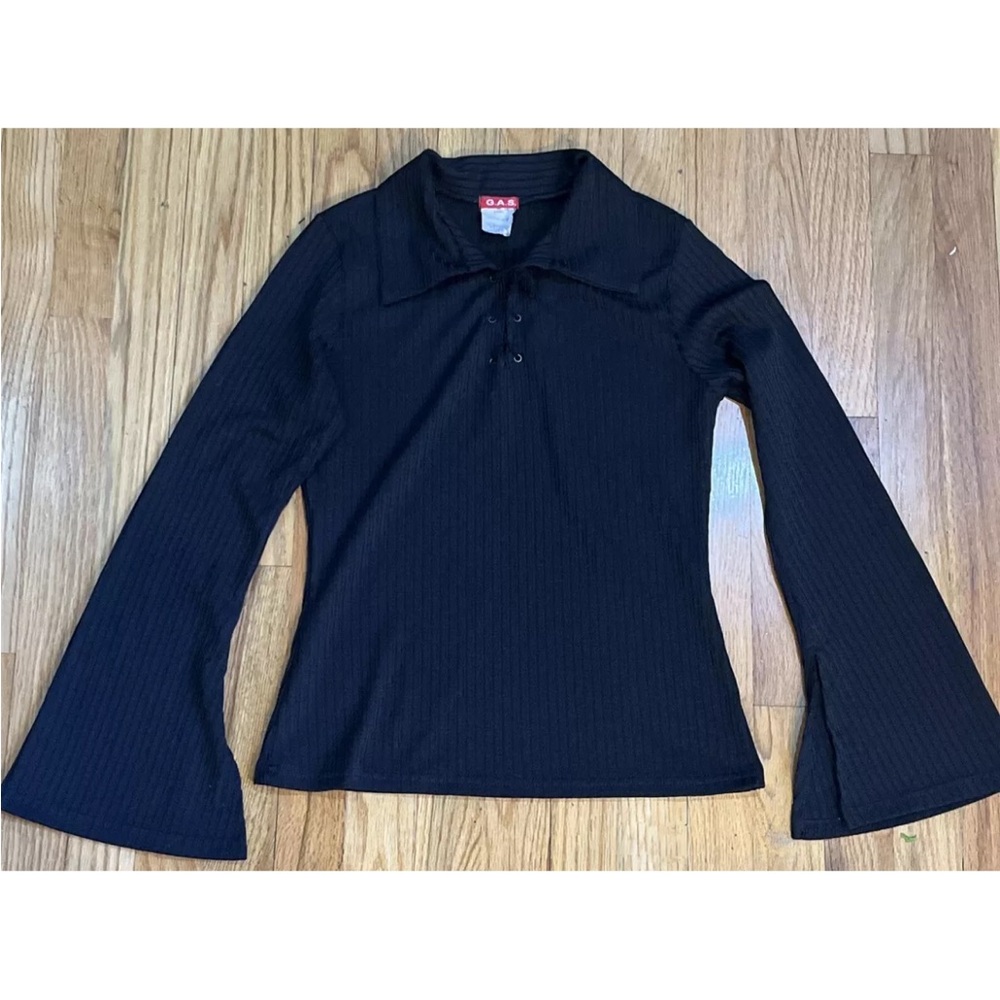 Vintage G.A.S. Black Ribbed Bell Sleeve Top Size Large
